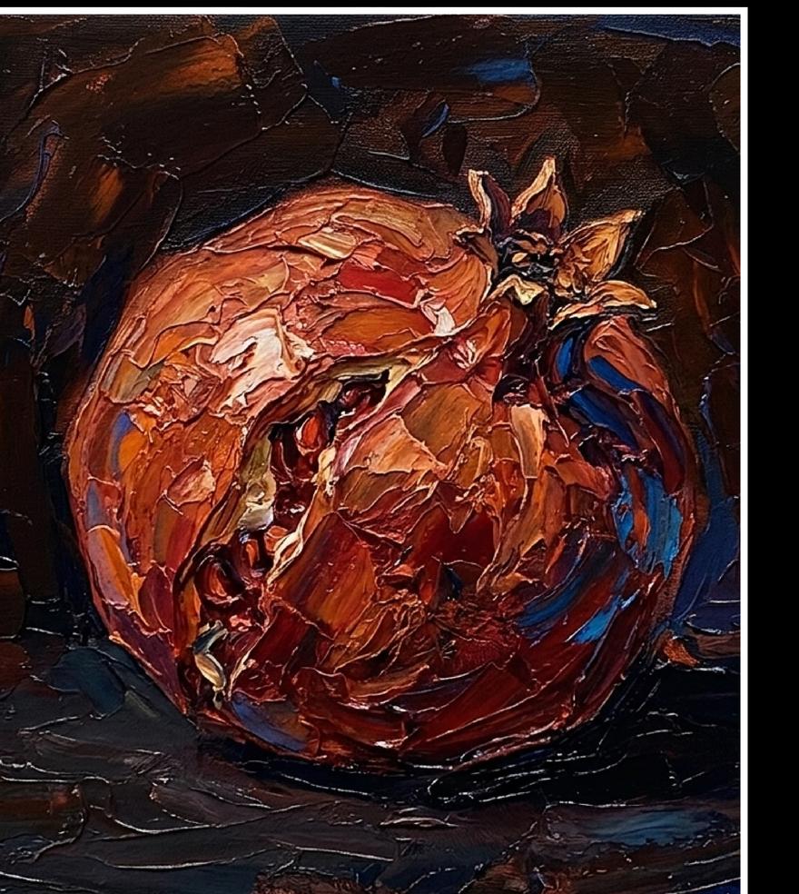 Impasto oil painting of a pomegranate in deep reds and copper