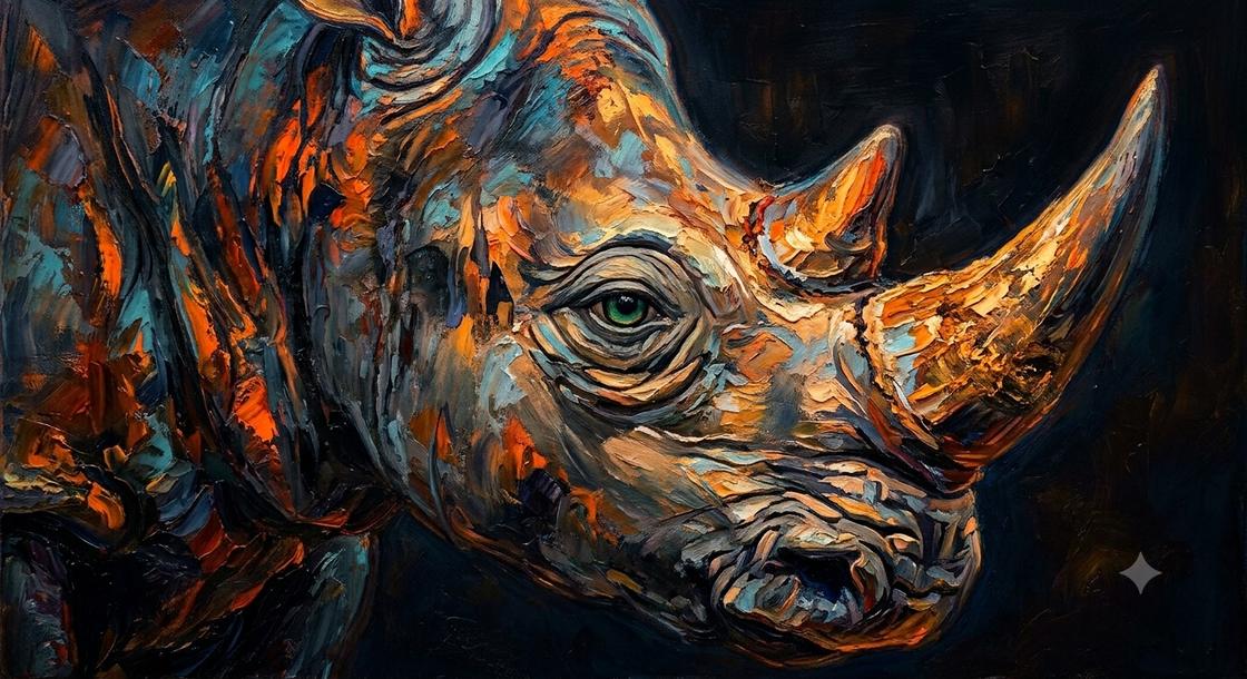 Impasto oil painting of a rhinoceros head in blues, oranges and gold