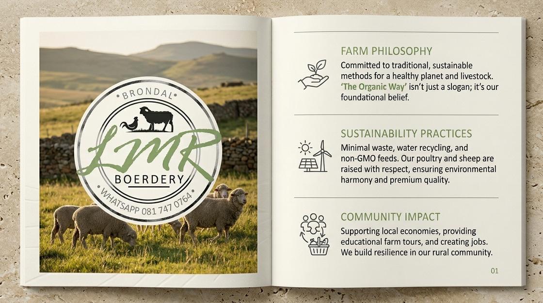 Open Brondal LMR Boerdery brochure spread covering farm philosophy and sustainability
