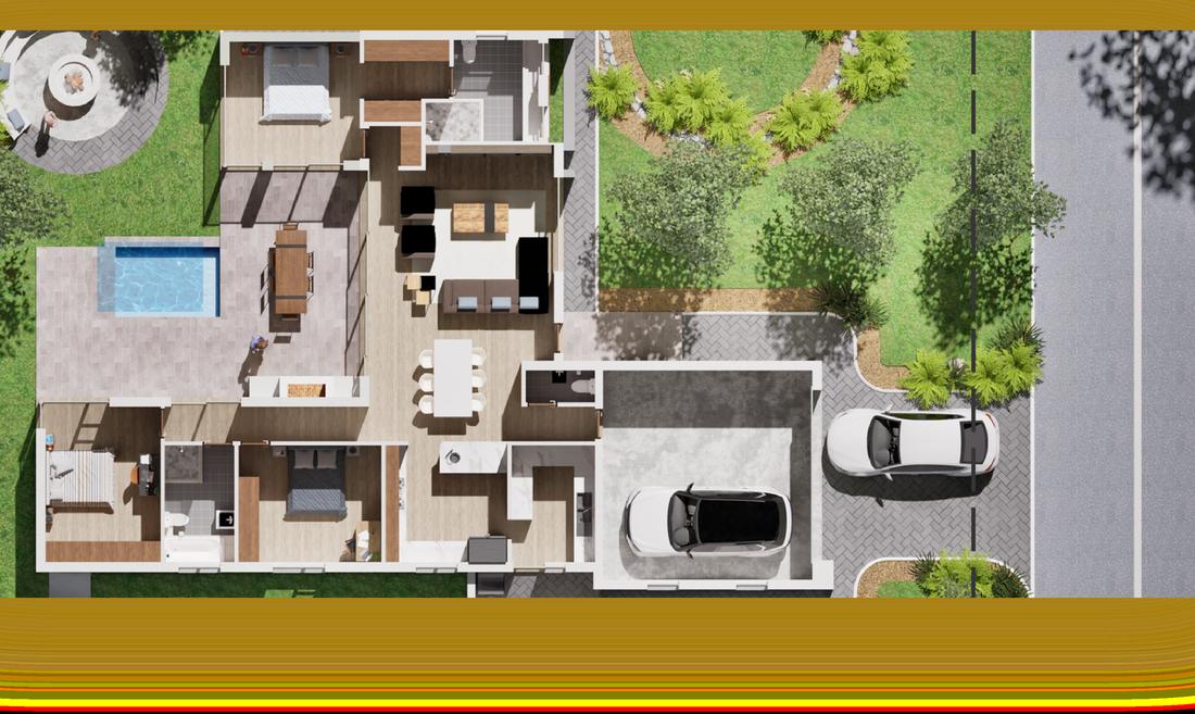 Aerial 3D floor plan of a single-story home with pool, garden and driveway