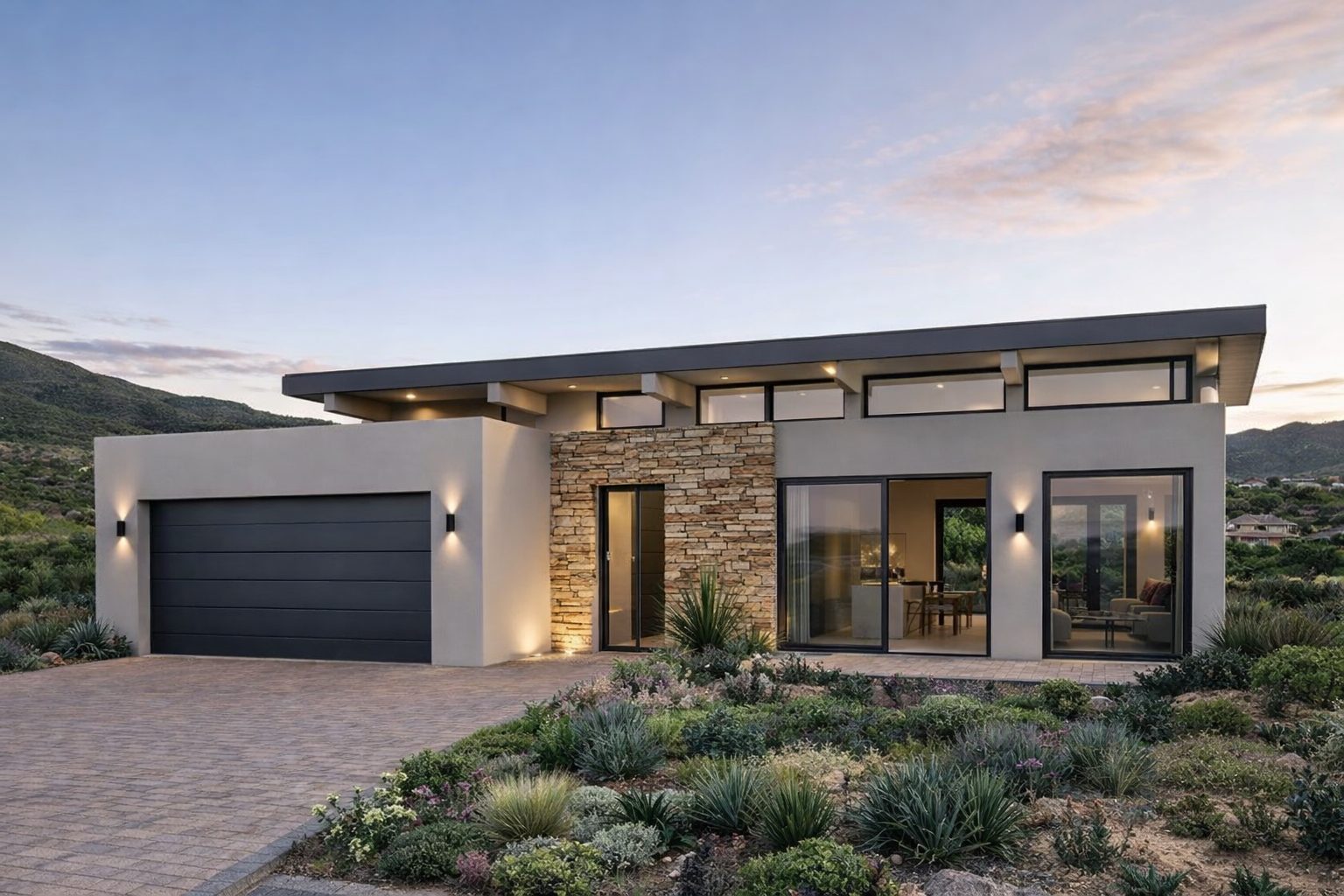 Photorealistic 3D render of the same home seen from the street