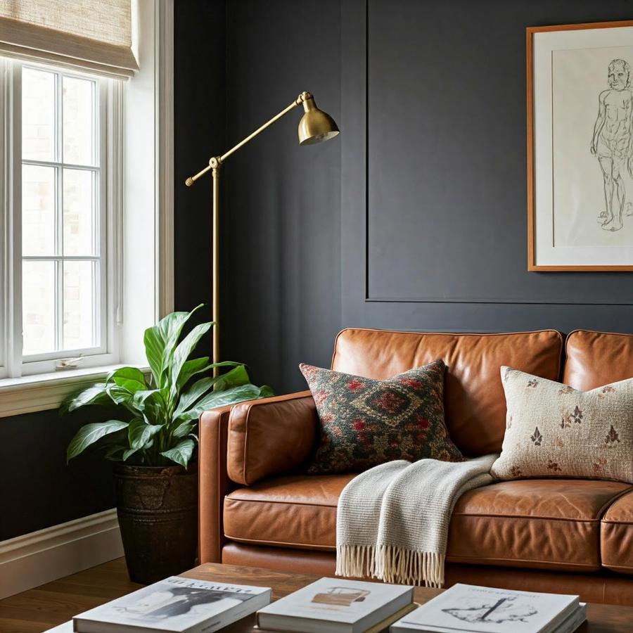 Warm corner lounge with a tan leather sofa, dark walls and layered textures