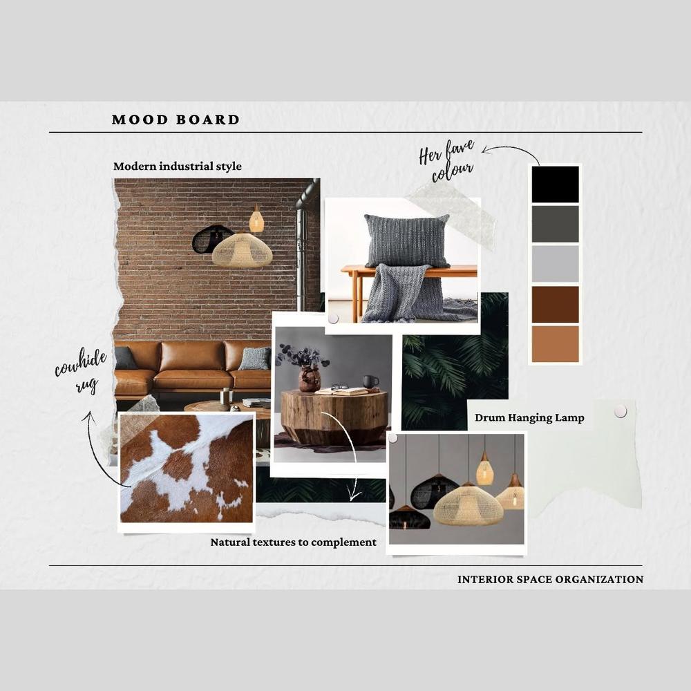 Modern industrial mood board with cowhide, timber, ceramics and pendant lighting