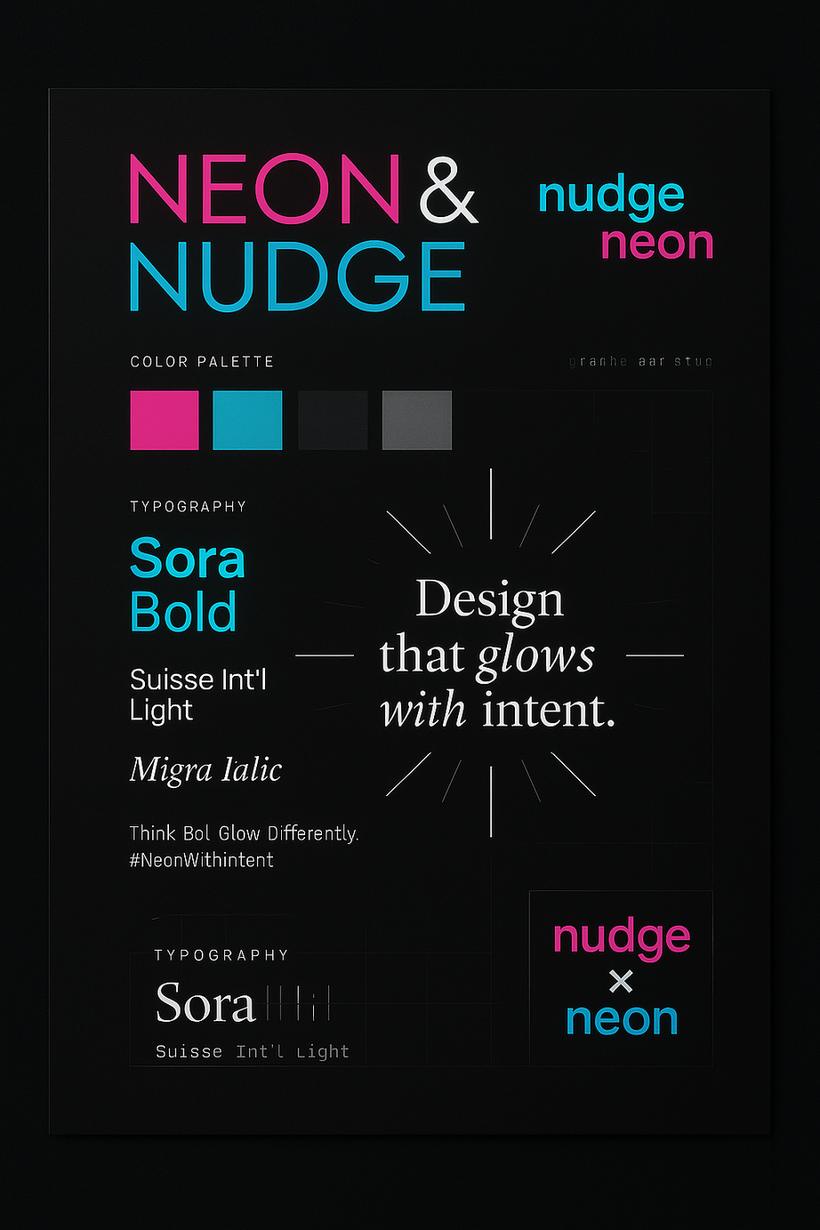 NEON and NUDGE style guide showing logo lock-ups, colour swatches and typography