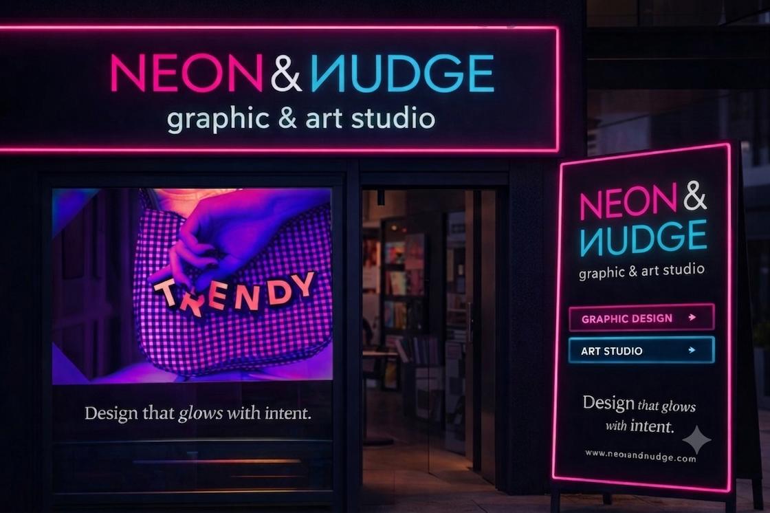 NEON and NUDGE storefront at night with pink neon signage and a lit window display