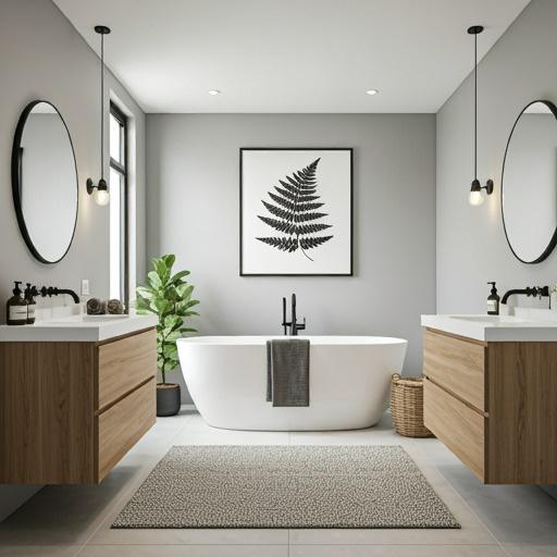 Bathroom with a freestanding tub, twin round mirrors and timber vanities