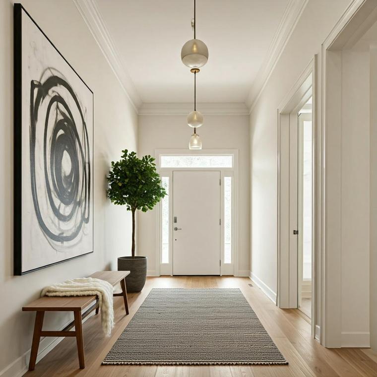 Styled entrance hall with framed artwork and a potted plant
