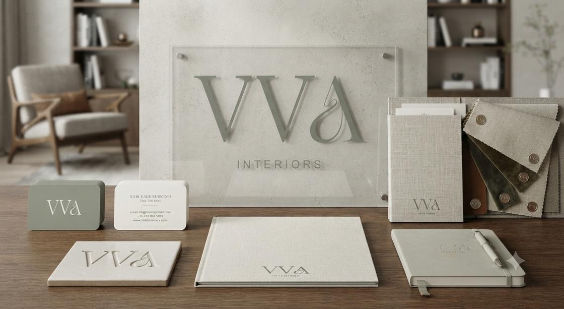VVA Interiors stationery set in muted grey and copper with an embossed logo
