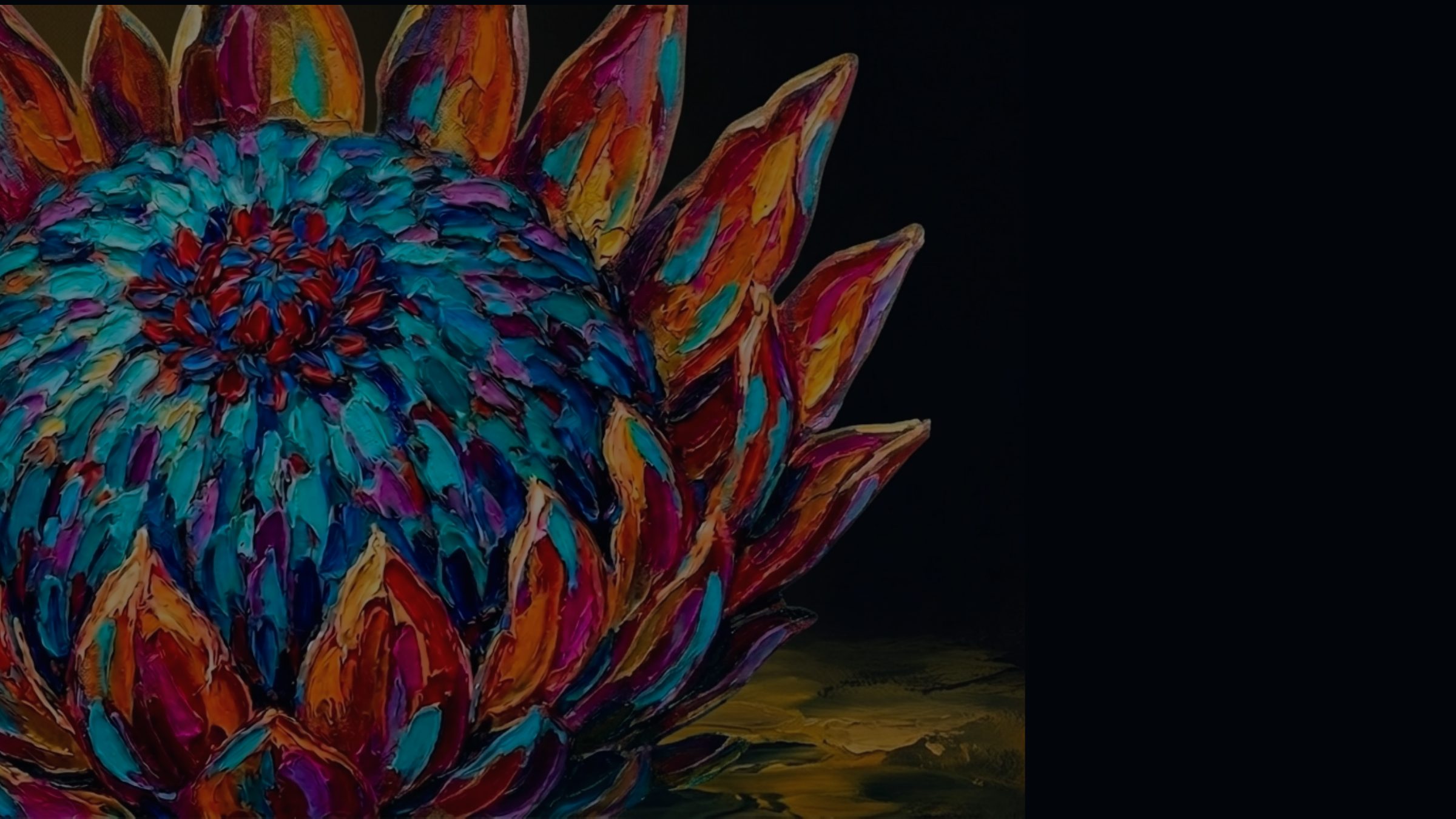 Cover: an impasto oil painting of a protea in electric blues, magenta and orange, darkened towards the right.