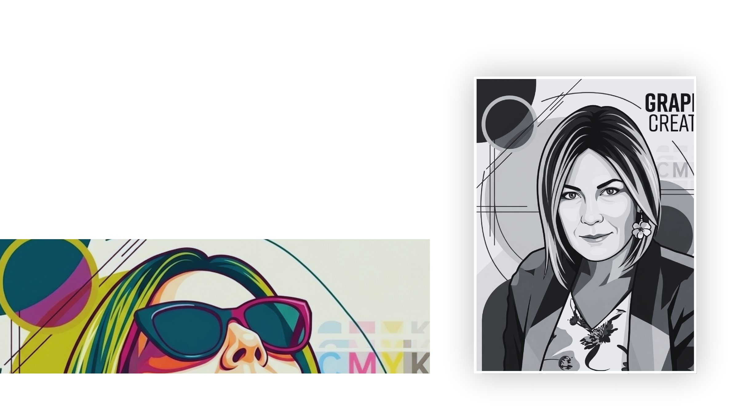 Introduction: a pop-art portrait with CMYK colour blocks, and a framed line-art portrait of Melissa du Toit.