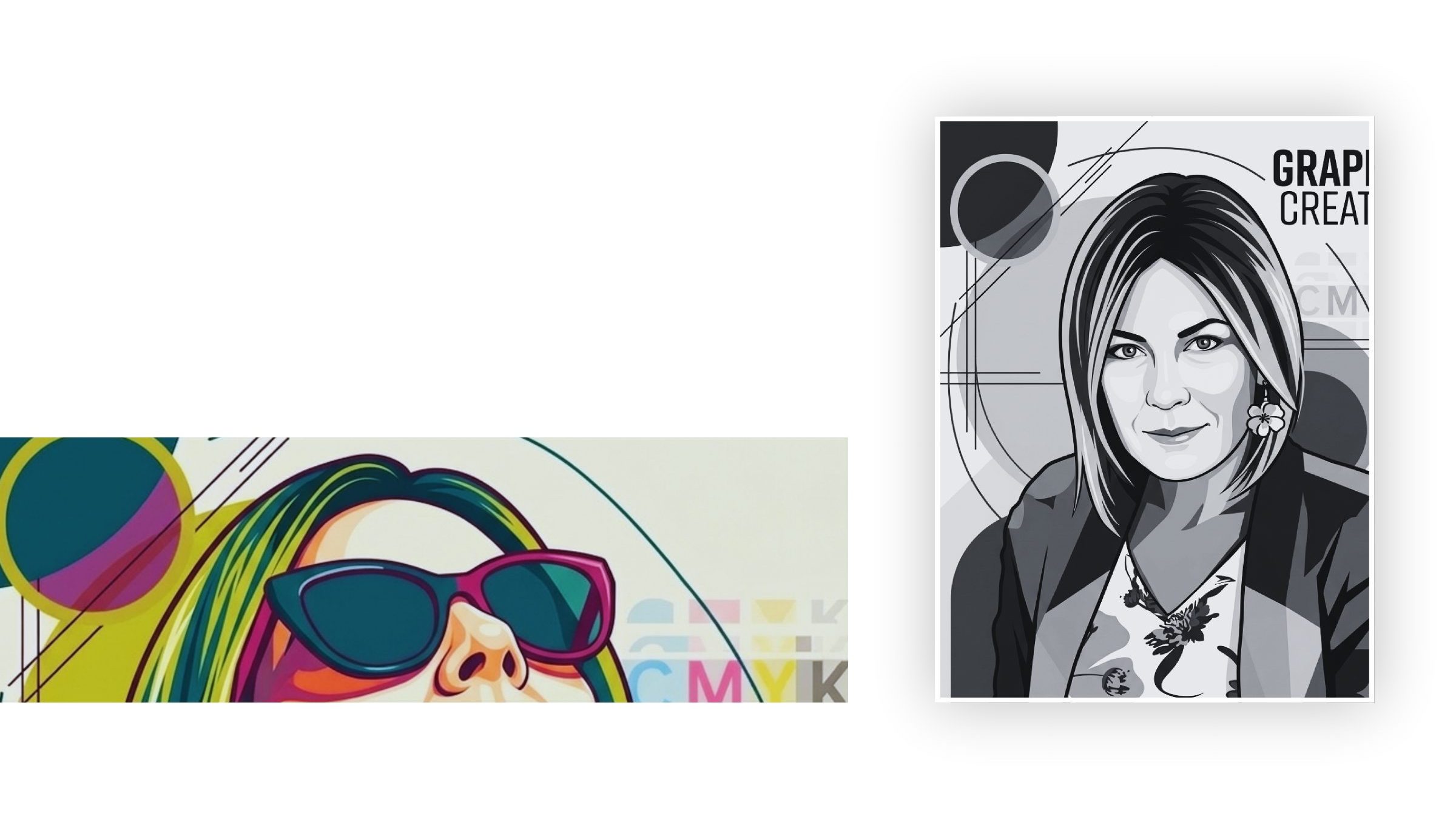 Introduction: a pop-art portrait with CMYK colour blocks, and a framed line-art portrait of Melissa du Toit.