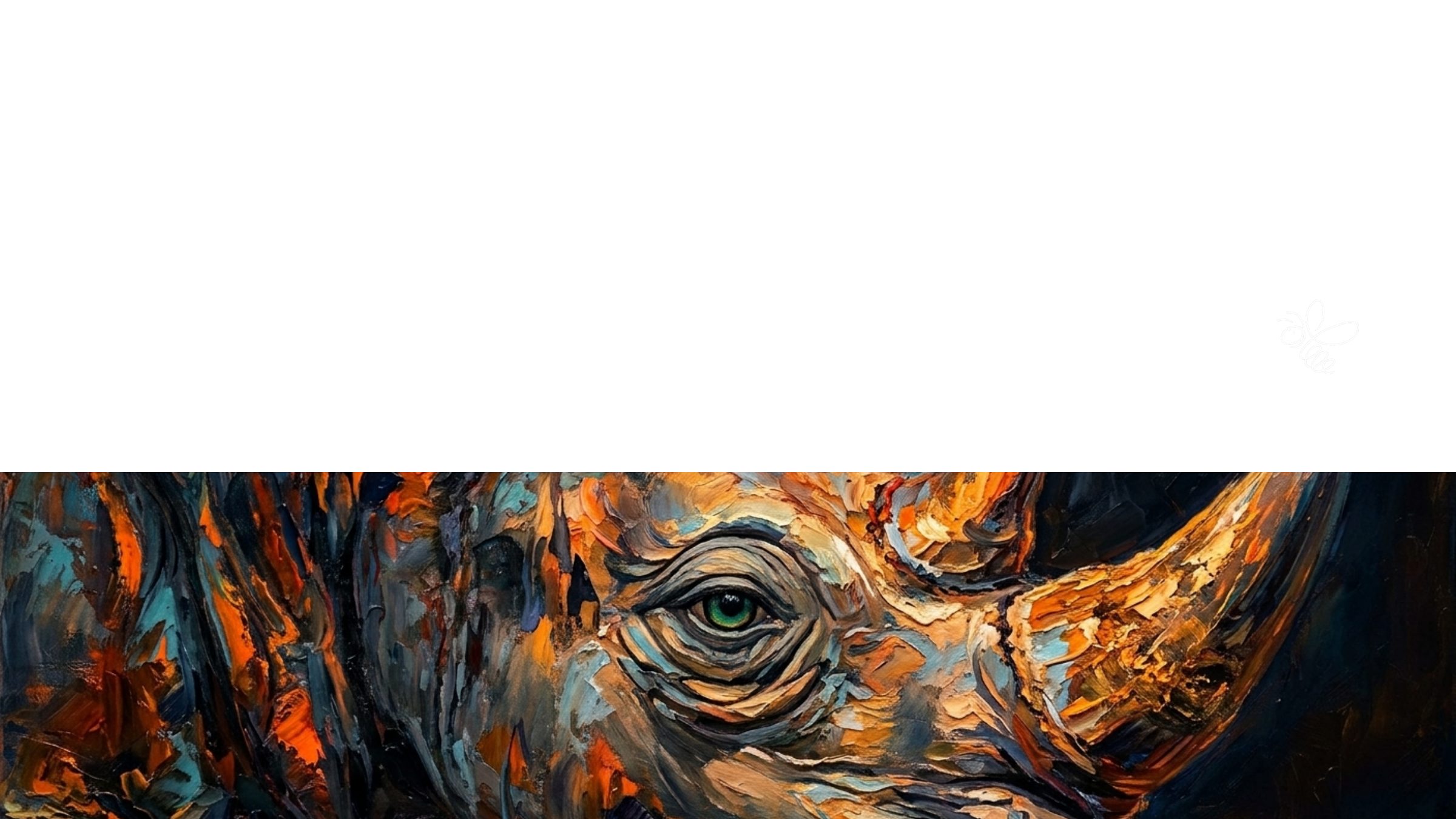 A wide band showing an impasto oil painting of a rhinoceros in blues, oranges and gold.