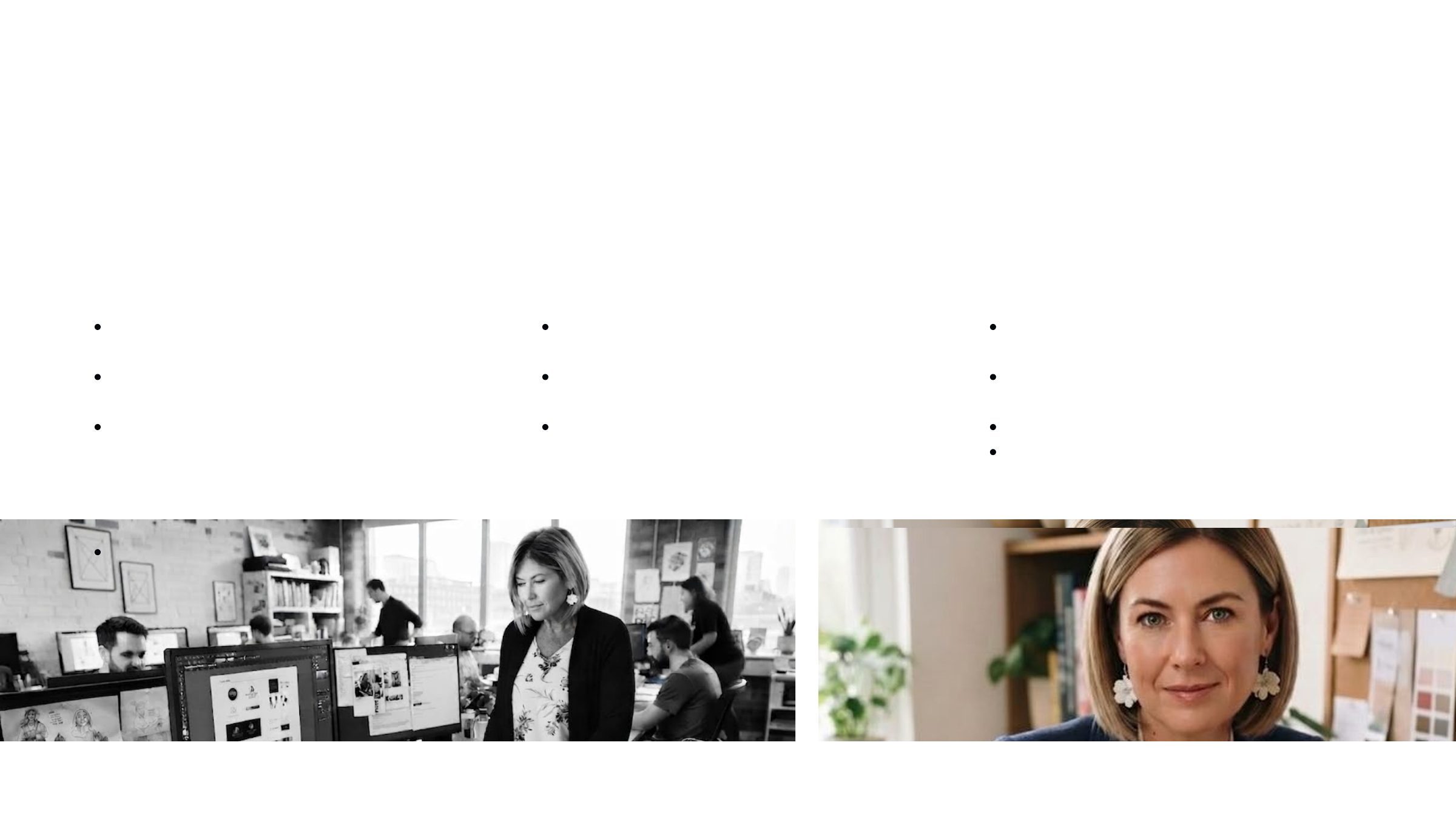 Three photographs of a design studio: a workstation, a designer at a drawing board, and a portrait.