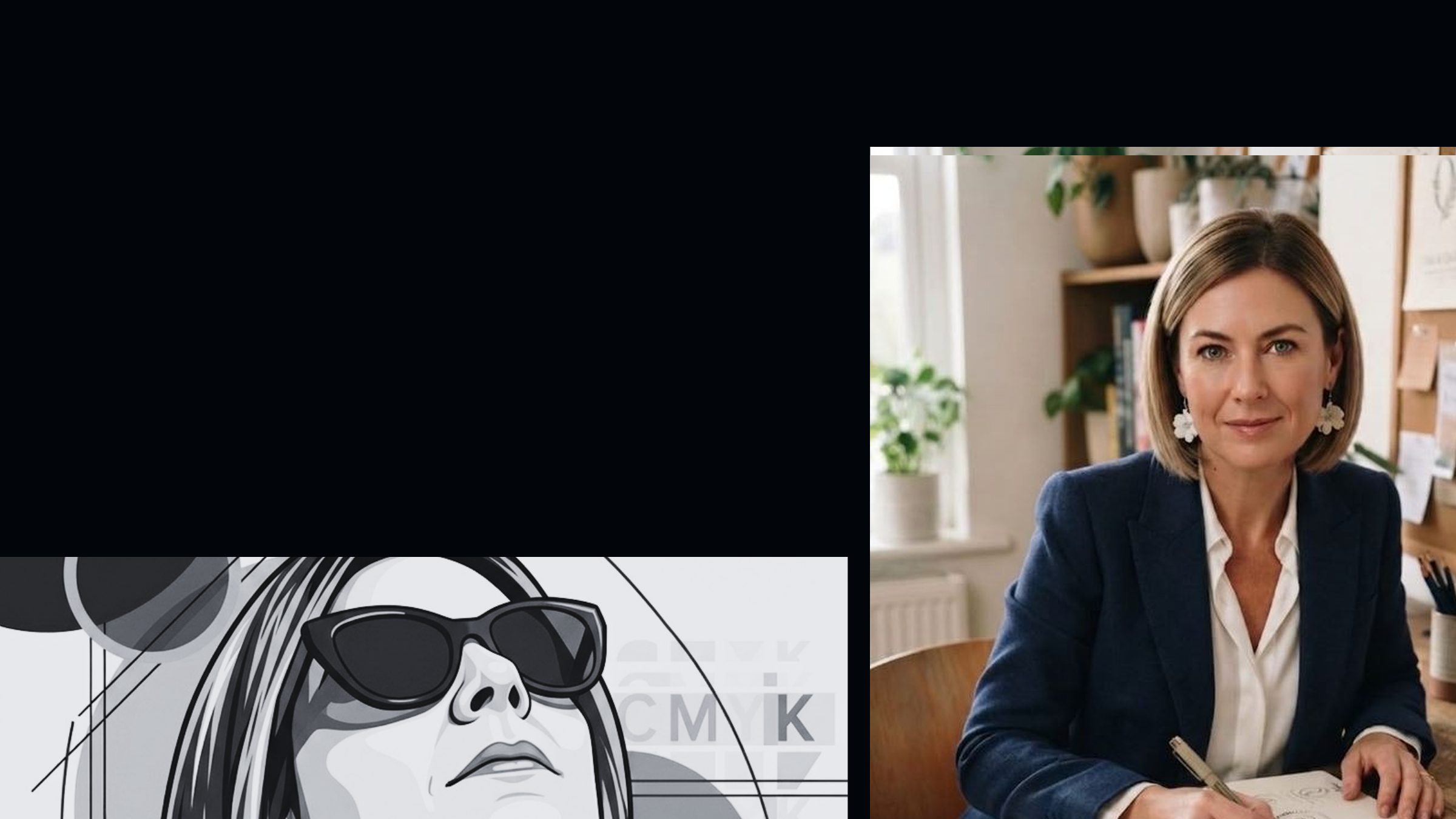 A black and white pop-art illustration beside a photograph of Melissa du Toit working at a desk.