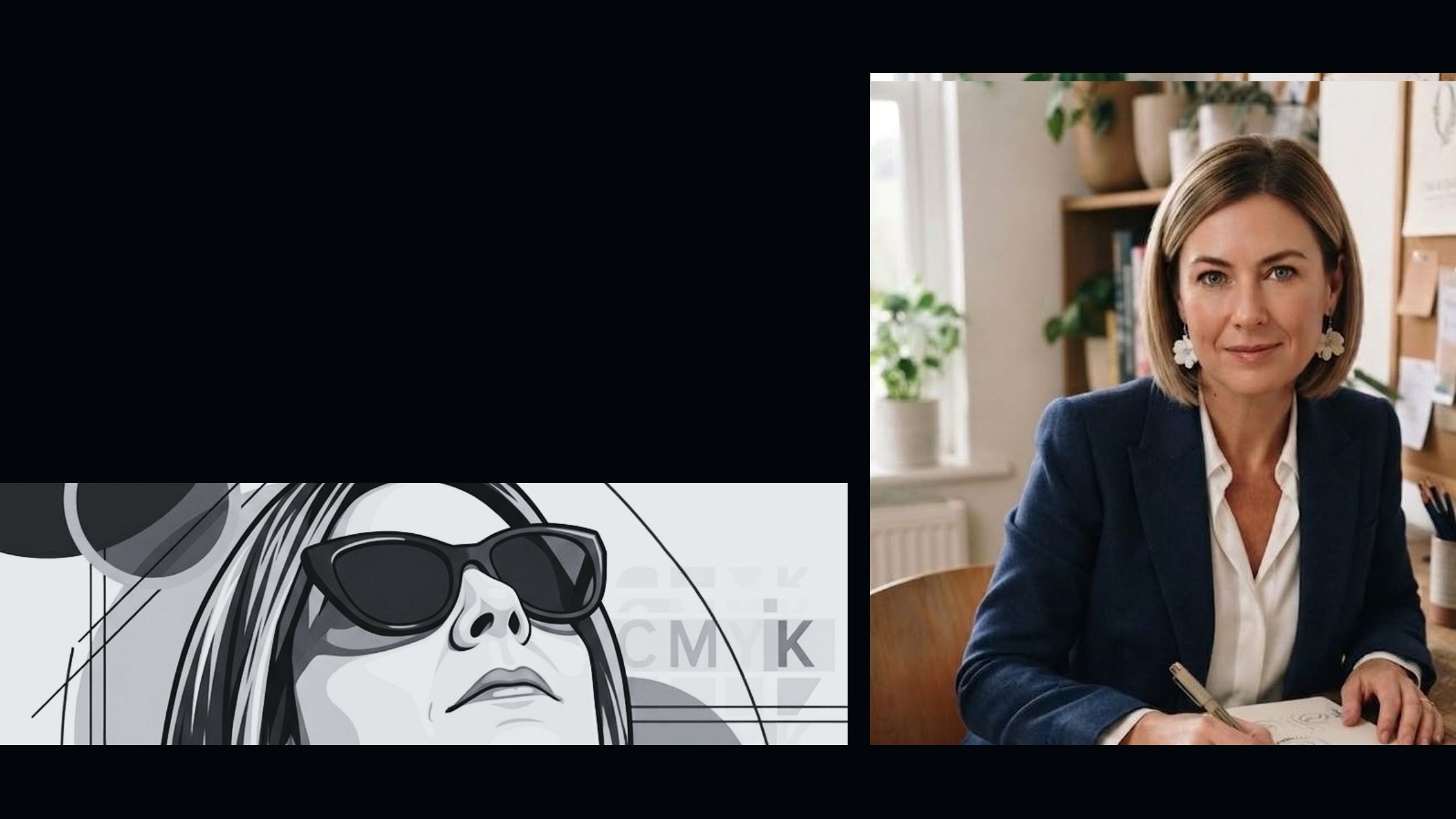 A black and white pop-art illustration beside a photograph of Melissa du Toit working at a desk.