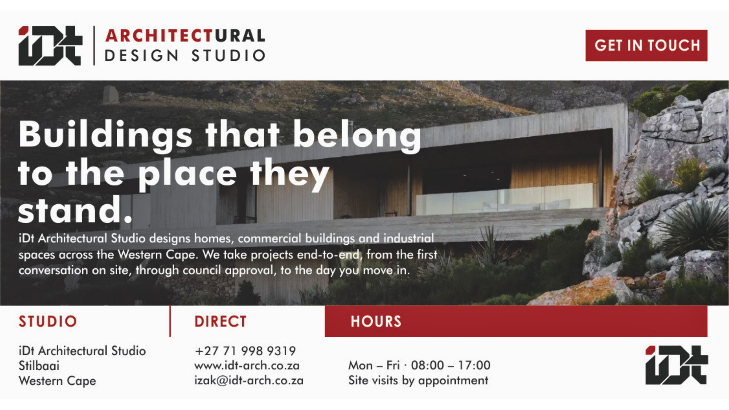 The IDT Architectural Design Studio website banner reading Buildings that belong to the place they stand.