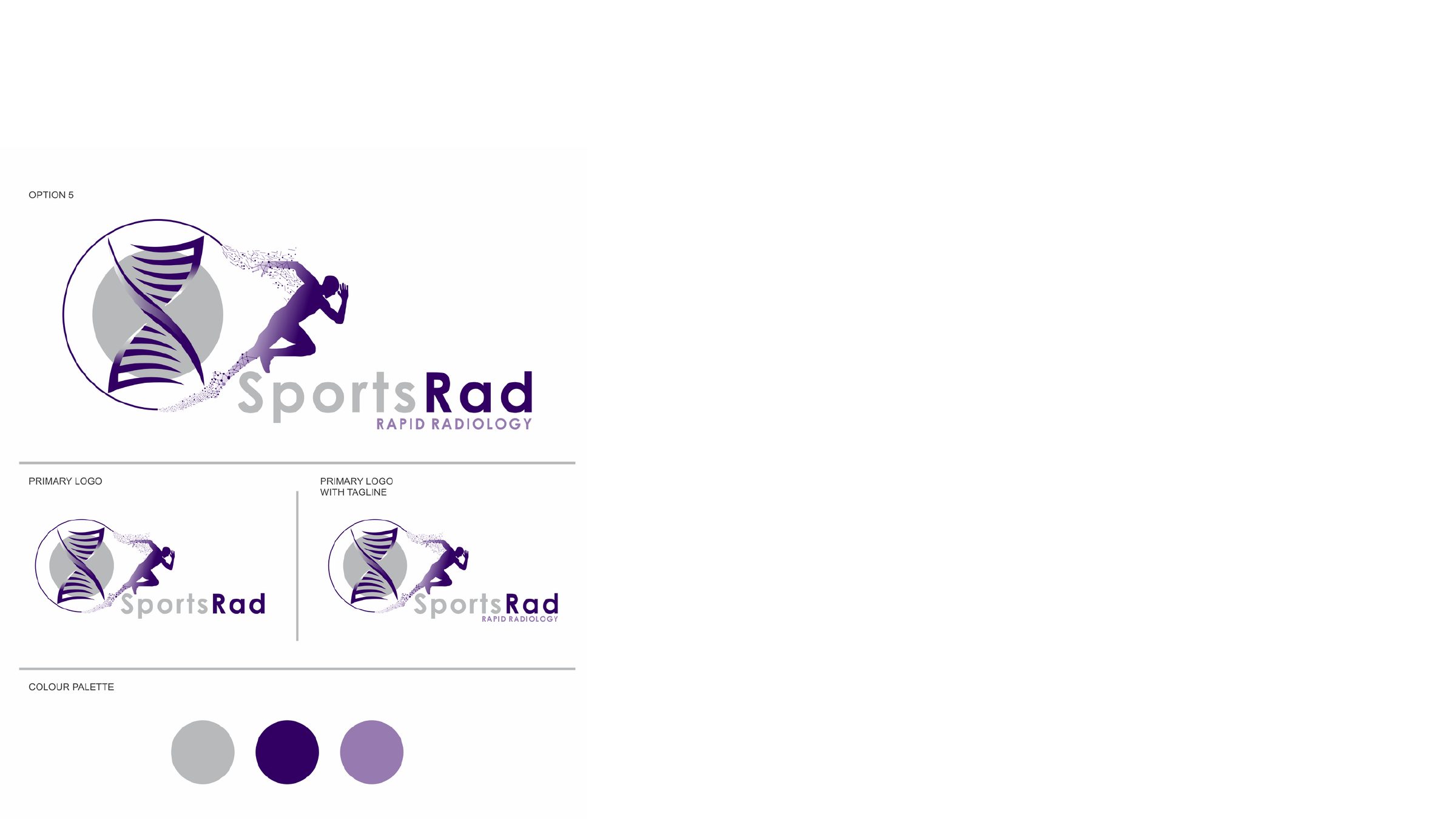 SportsRAD logo variations, lock-ups and a purple colour palette.