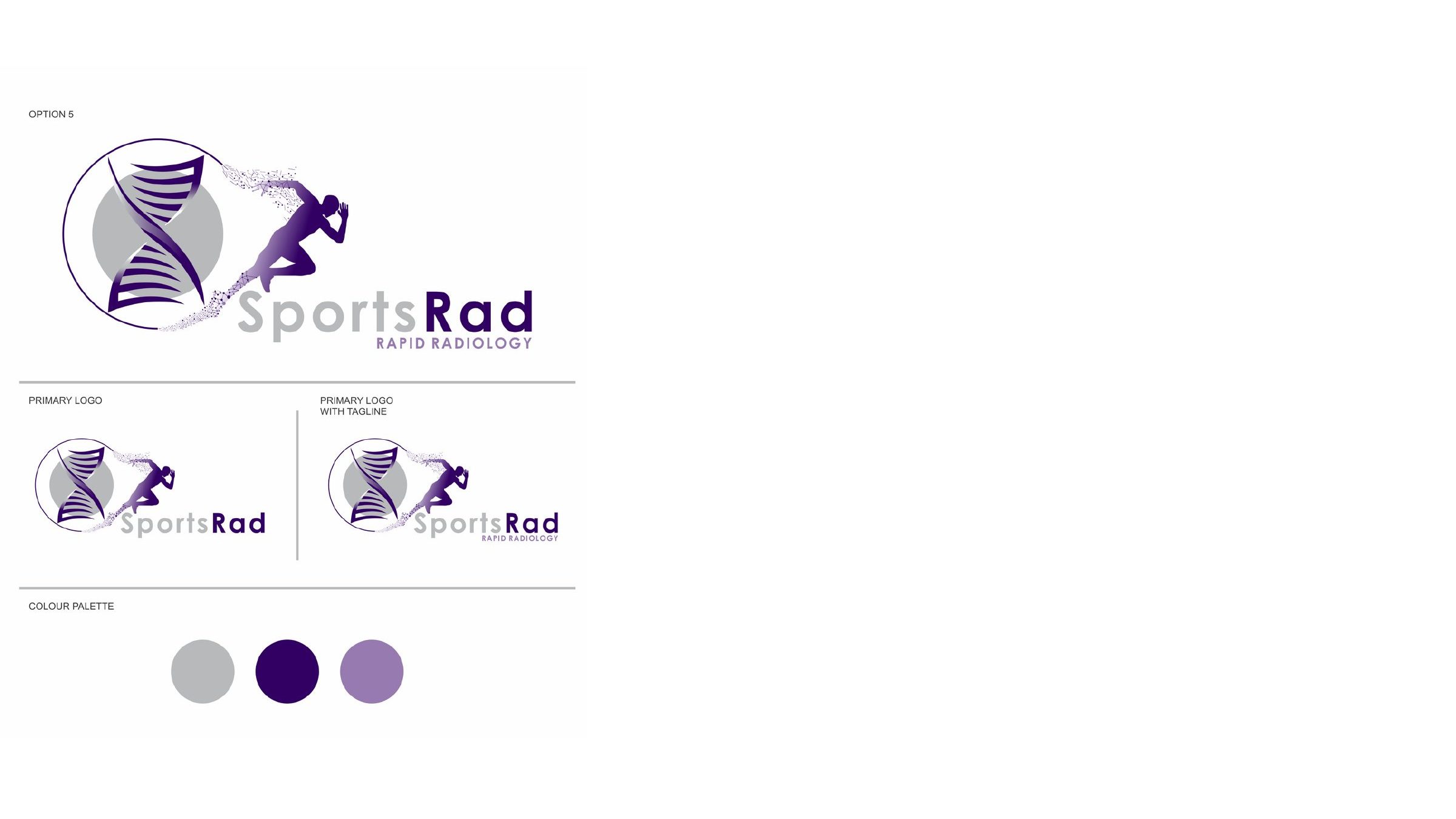SportsRAD logo variations, lock-ups and a purple colour palette.