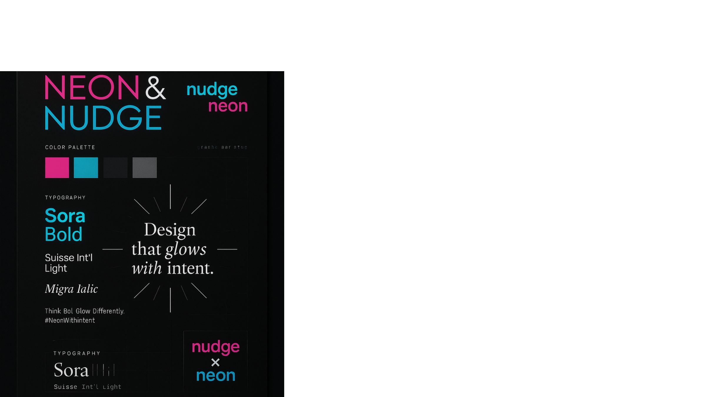 The NEON and NUDGE style guide showing logo lock-ups, colour swatches and typography.