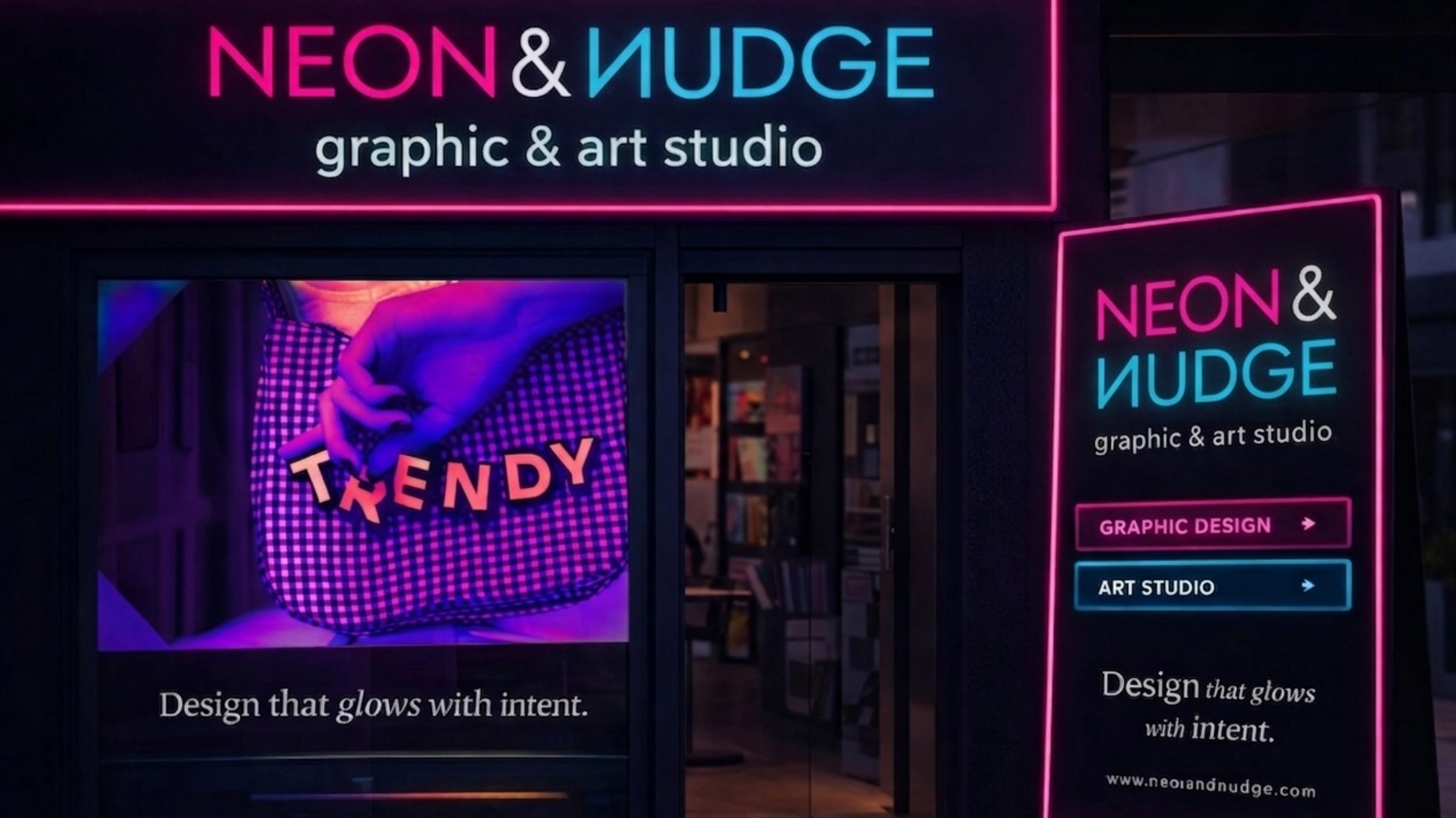 The NEON and NUDGE storefront at night with pink neon signage and a lit window display.