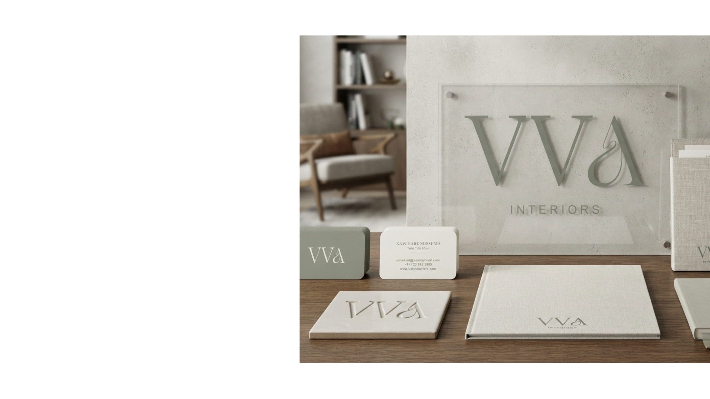 VVA Interiors stationery in muted grey and copper with an embossed logo.