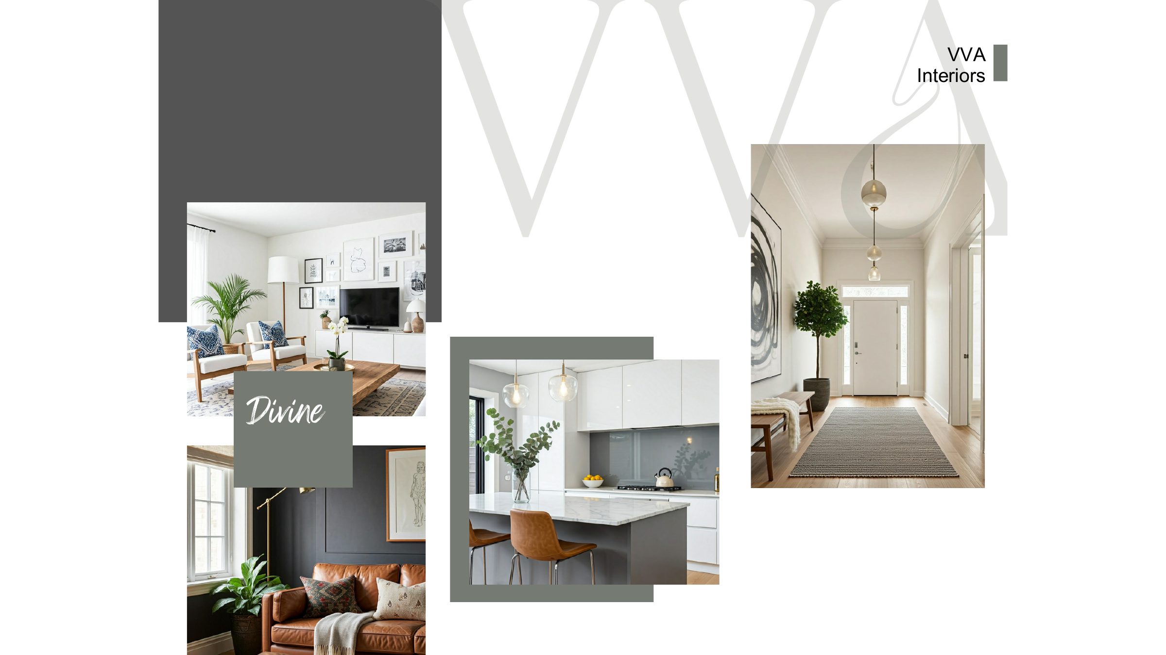 A VVA Interiors brochure spread with styled interiors and the handwritten word Divine.