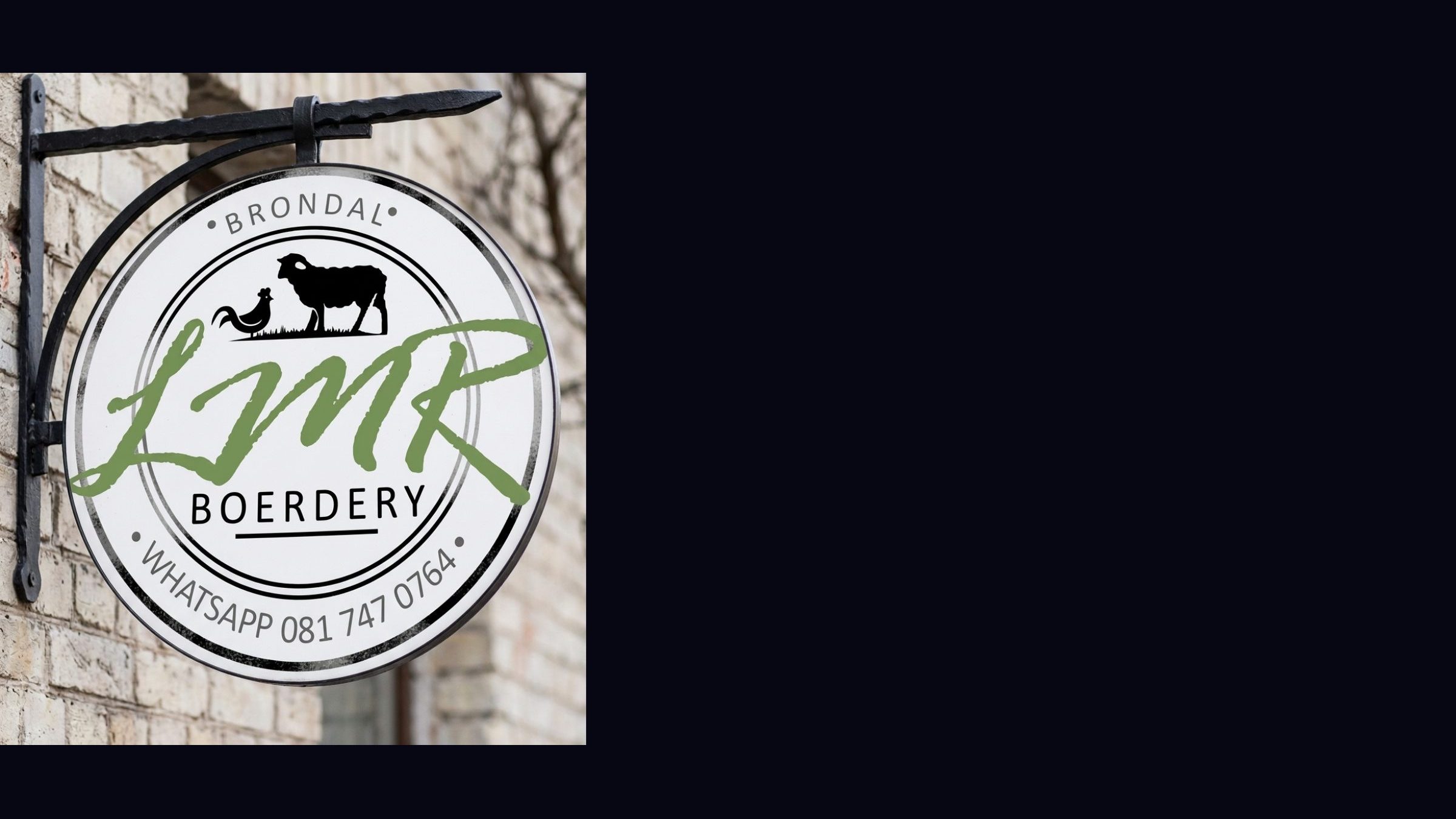 A circular Brondal LMR Boerdery logo sign mounted on a brick wall.