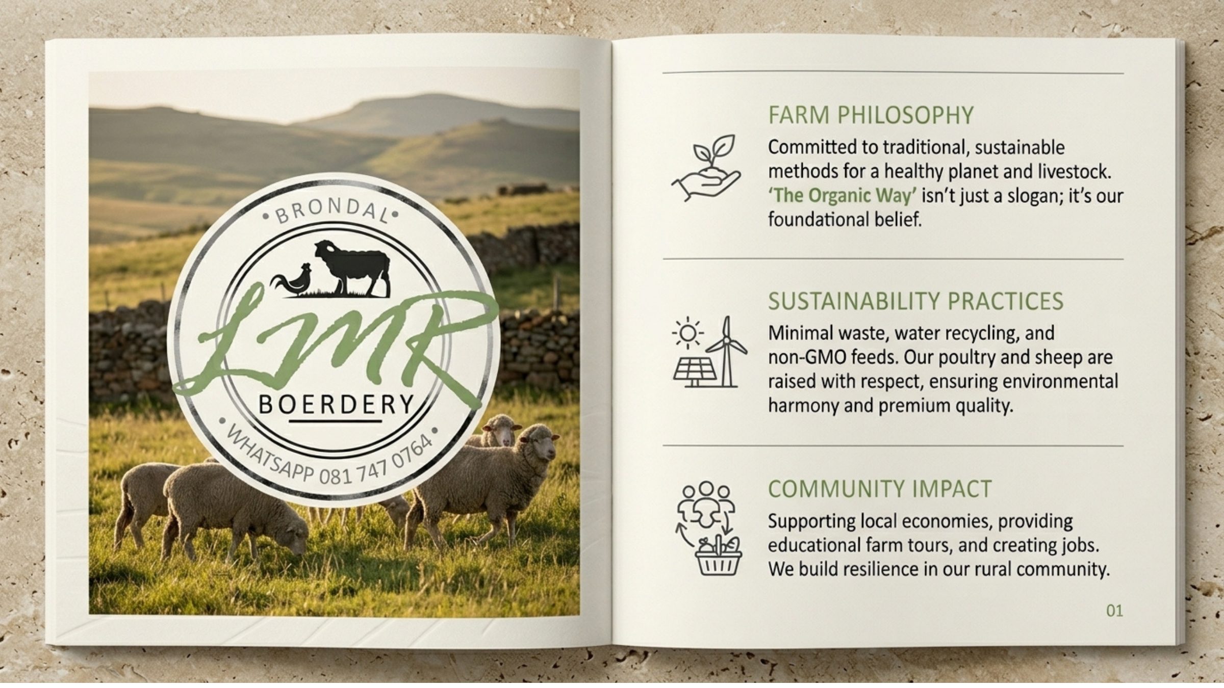 An open Brondal LMR Boerdery brochure spread covering farm philosophy and sustainability.