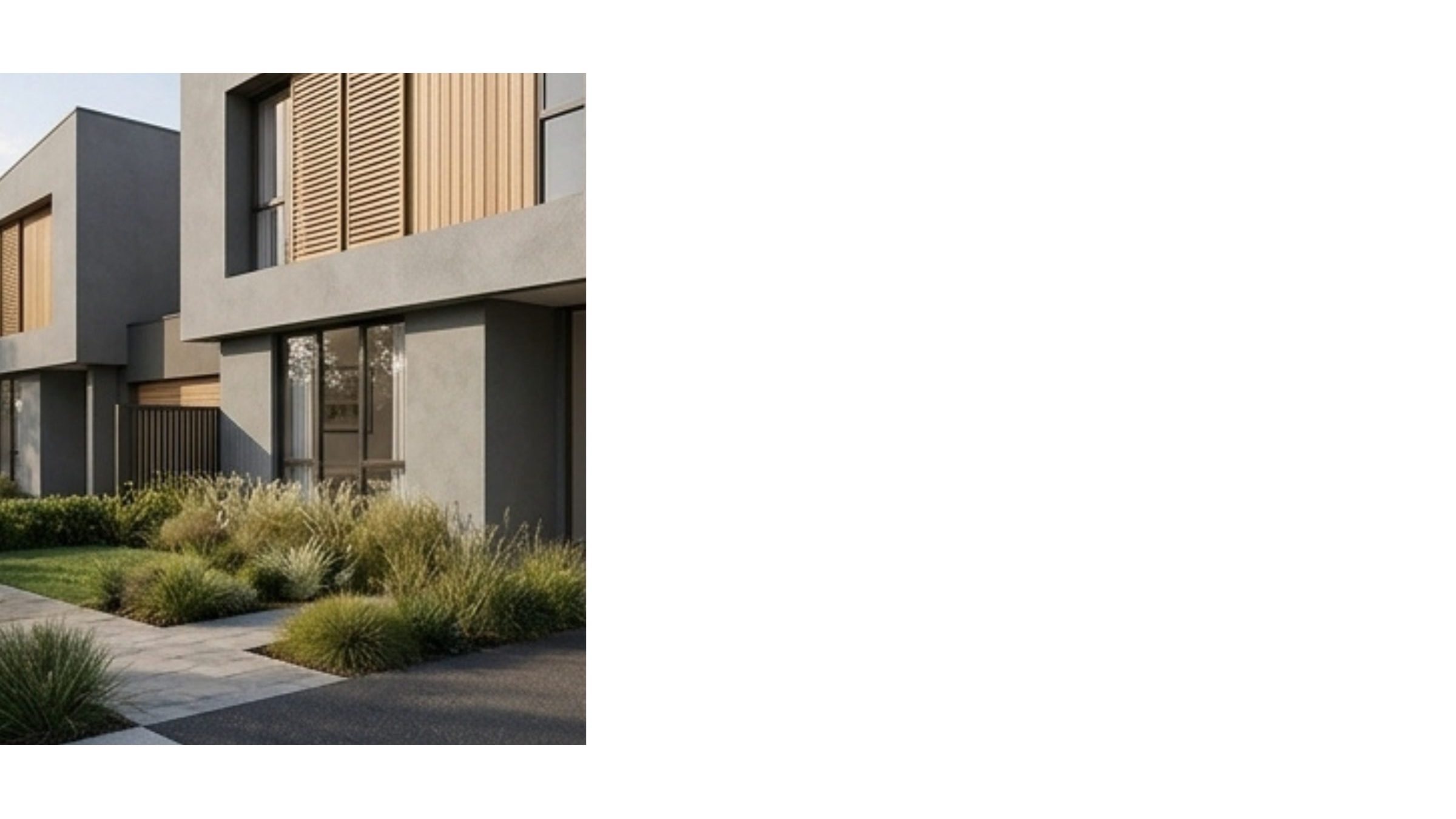 A 3D render of a contemporary townhouse exterior with landscaping.