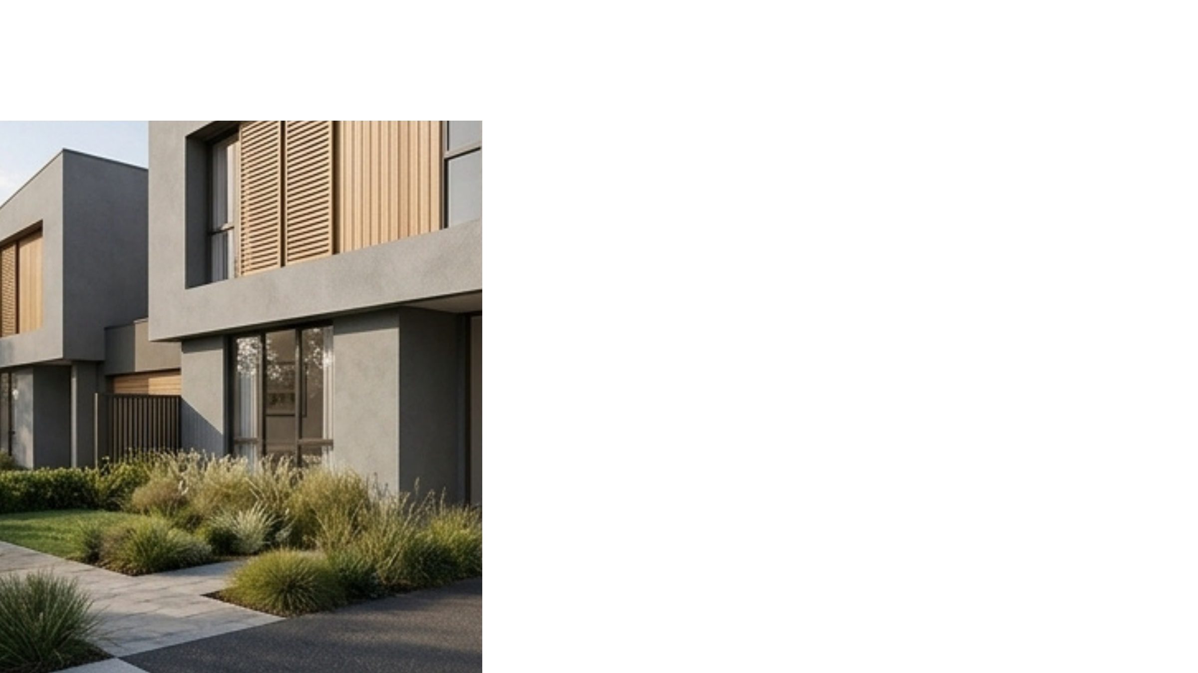 A 3D render of a contemporary townhouse exterior with landscaping.
