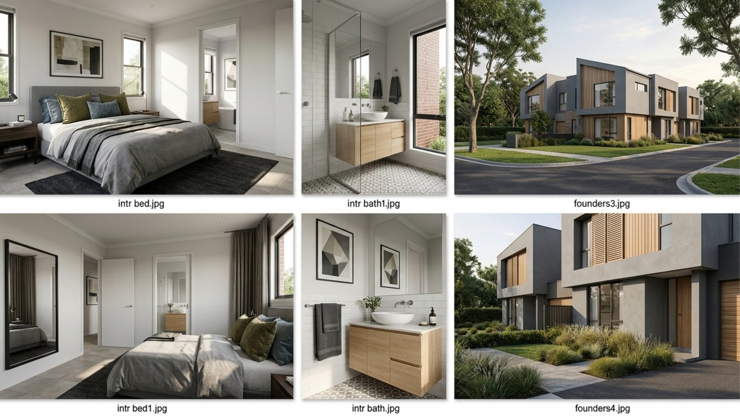 A grid of townhouse renders showing bedrooms, bathrooms and the street elevation.