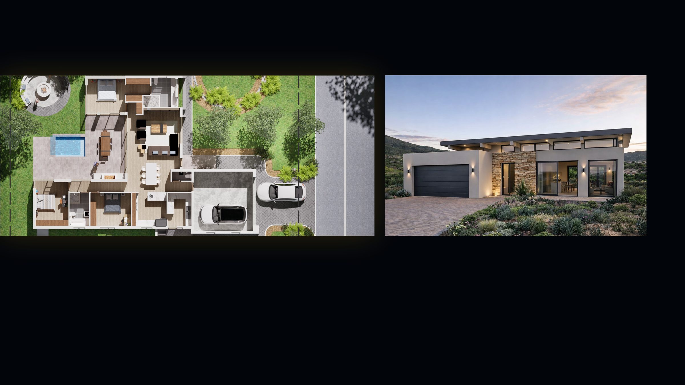 An aerial 3D floor plan of a single-storey home, and a render of its street elevation.