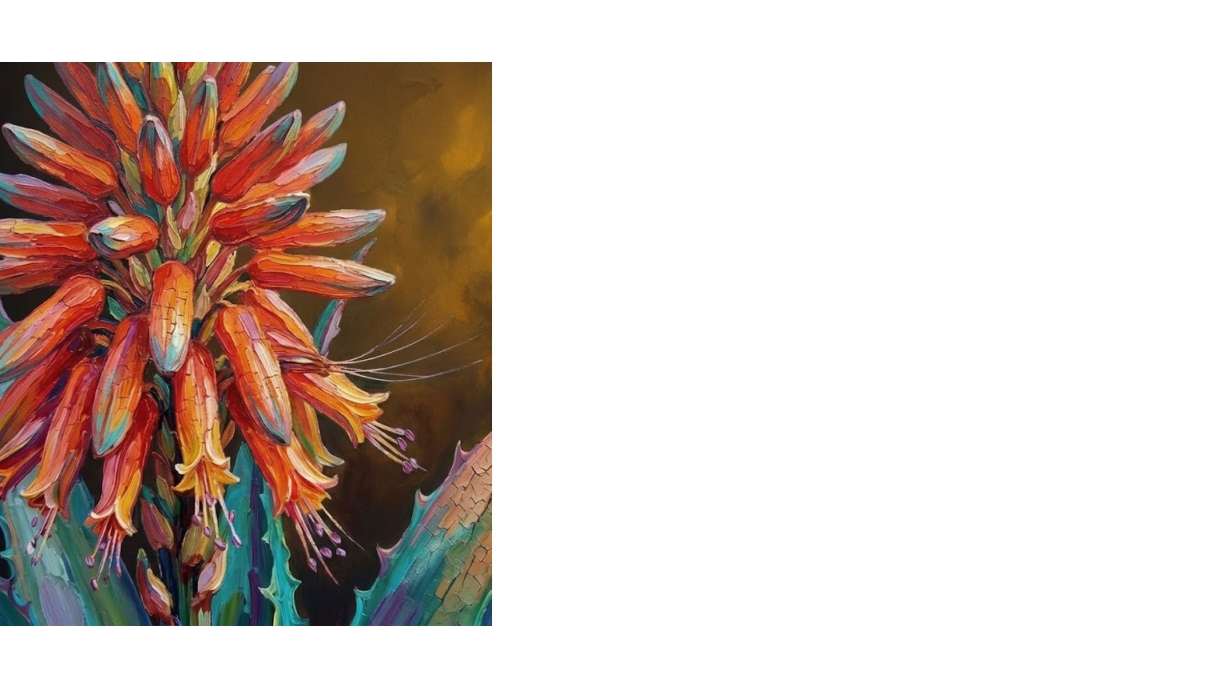 An impasto oil painting of an aloe flower in reds, oranges and teal.
