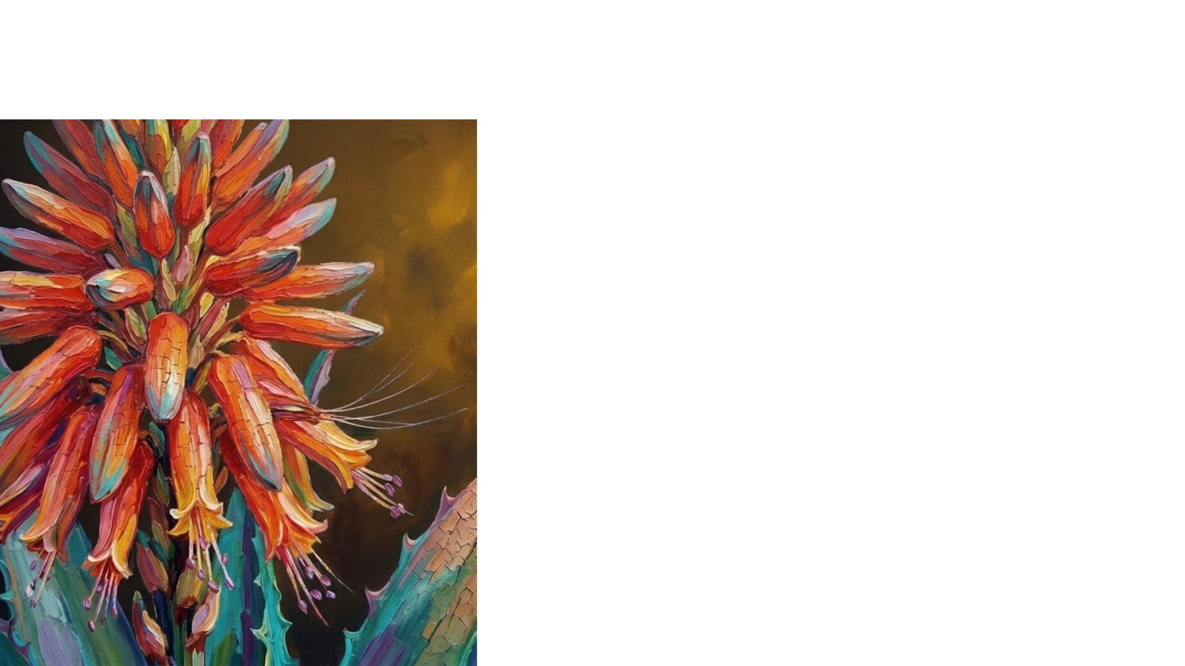 An impasto oil painting of an aloe flower in reds, oranges and teal.