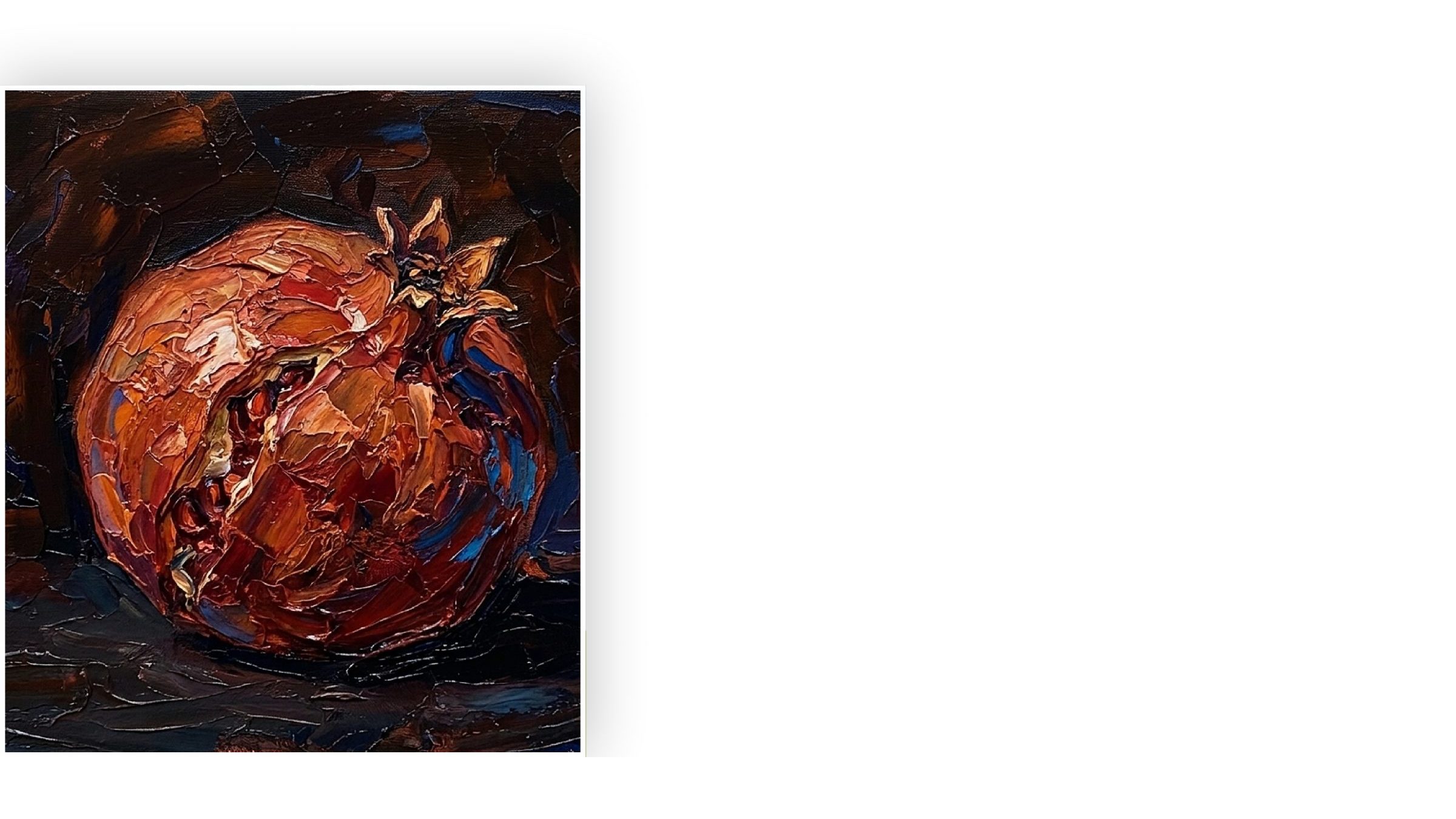 An impasto oil painting of a pomegranate in deep reds and copper.