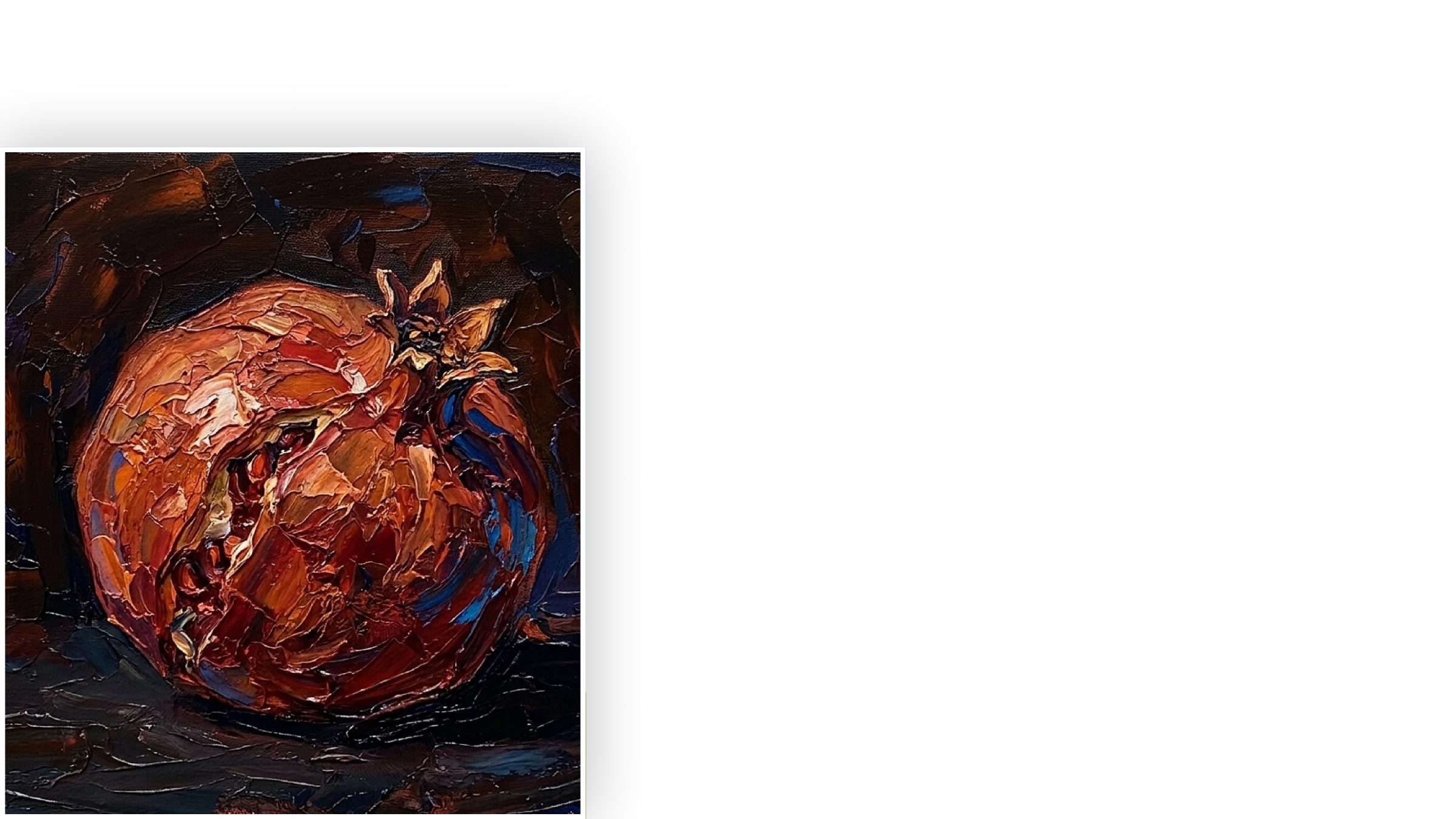 An impasto oil painting of a pomegranate in deep reds and copper.