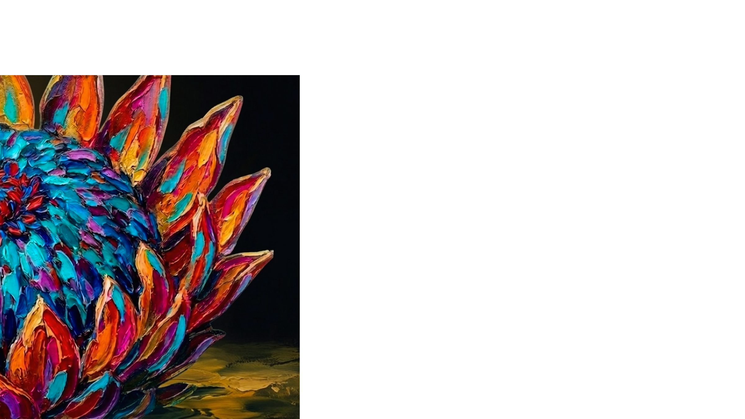 An impasto oil painting of a protea in electric blue, magenta and orange.